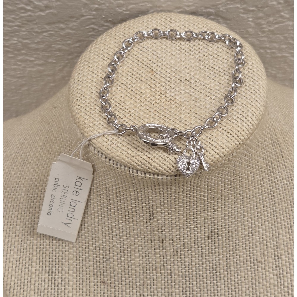 Kate‎ Landry Sterling Silver Bracelet Heart Lock & Skeleton Key 7" NWT